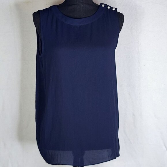 LOFT Tops - Loft Navy Sleeveless Duo Fabric Poly Front Rayon Back Faux Pearl Detail Top Sz M